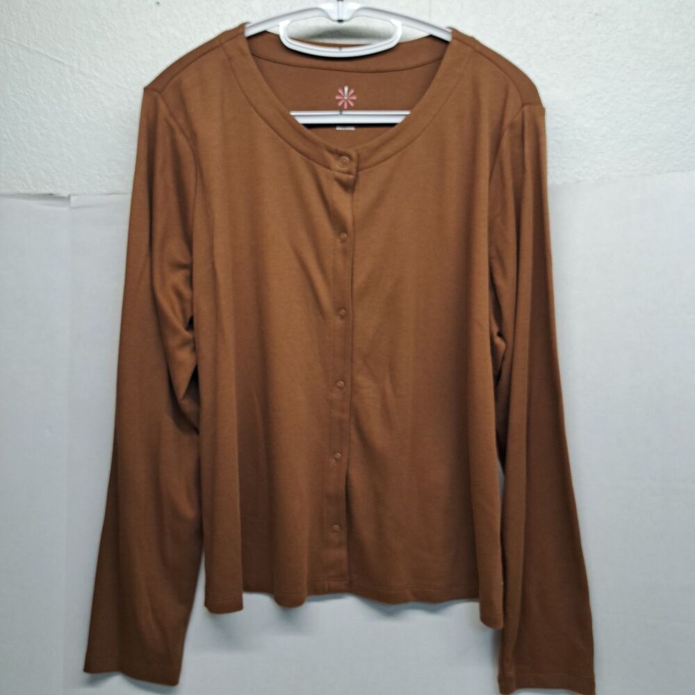 Isaac Mizrahi Live! Essential Snap Front Jersey Knit Cardigan Brown Women's 1X